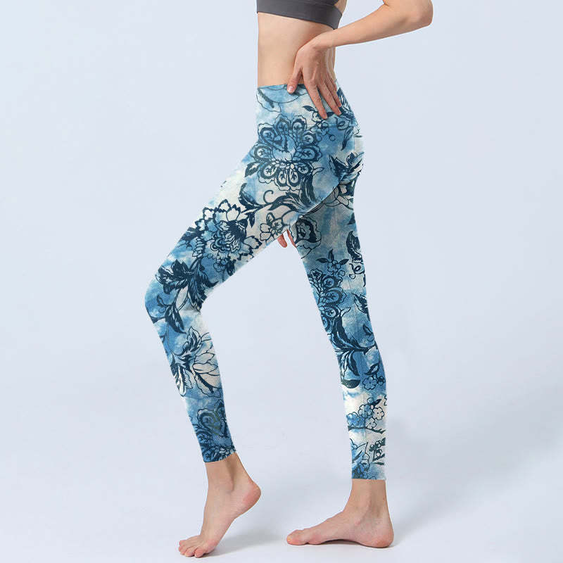 Peony Chrysanthemum Print Gym Leggings Women's Yoga Pants