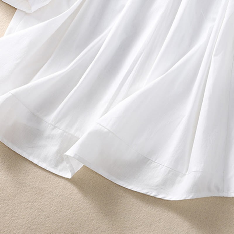 Summer Plain Button Embroidery Flower Pattern Three Quarter Sleeve Lapel Cotton Linen Women's Shirt