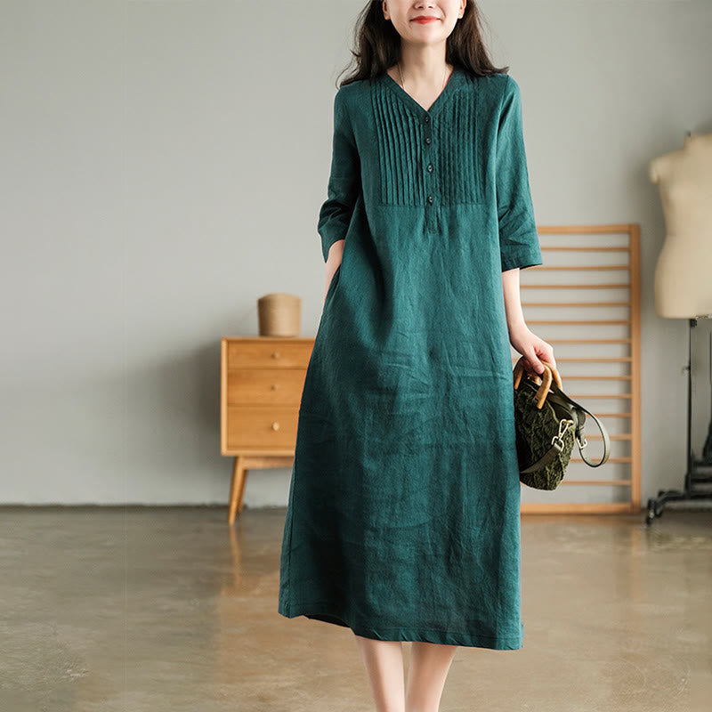 Casual Plain Accordion Pleats V-neck Half Sleeve Design Linen Midi Dress With Pockets