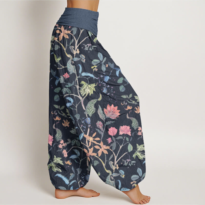 Floral Leaf Vine Design Women's Elastic Waist Harem Pants