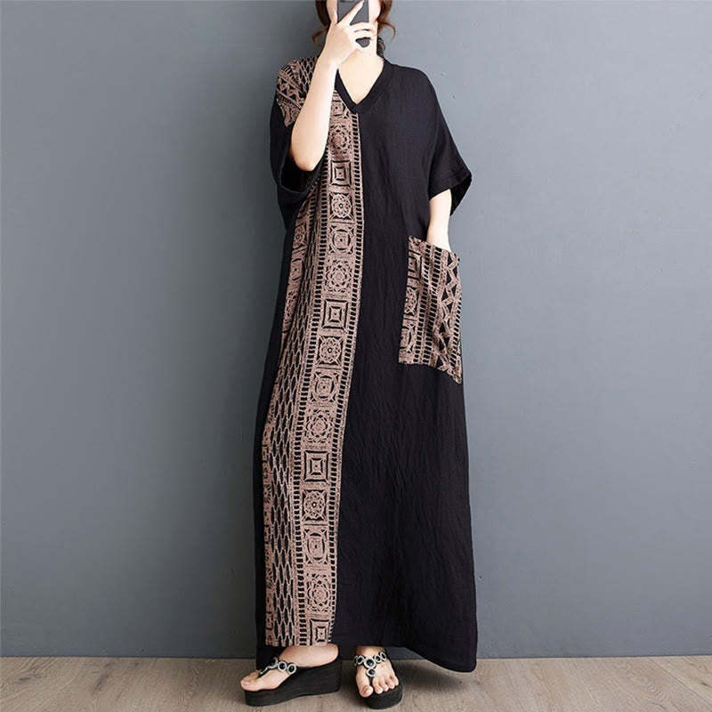 Casual Loose Printing Dyeing Cotton Linen V-neck Half Sleeve Design Midi Dress With Pockets