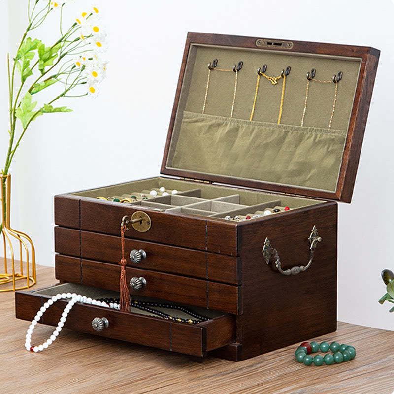 Retro Solid Wood Jewelry Box Four-Layer Wooden Jewelry Storage Box