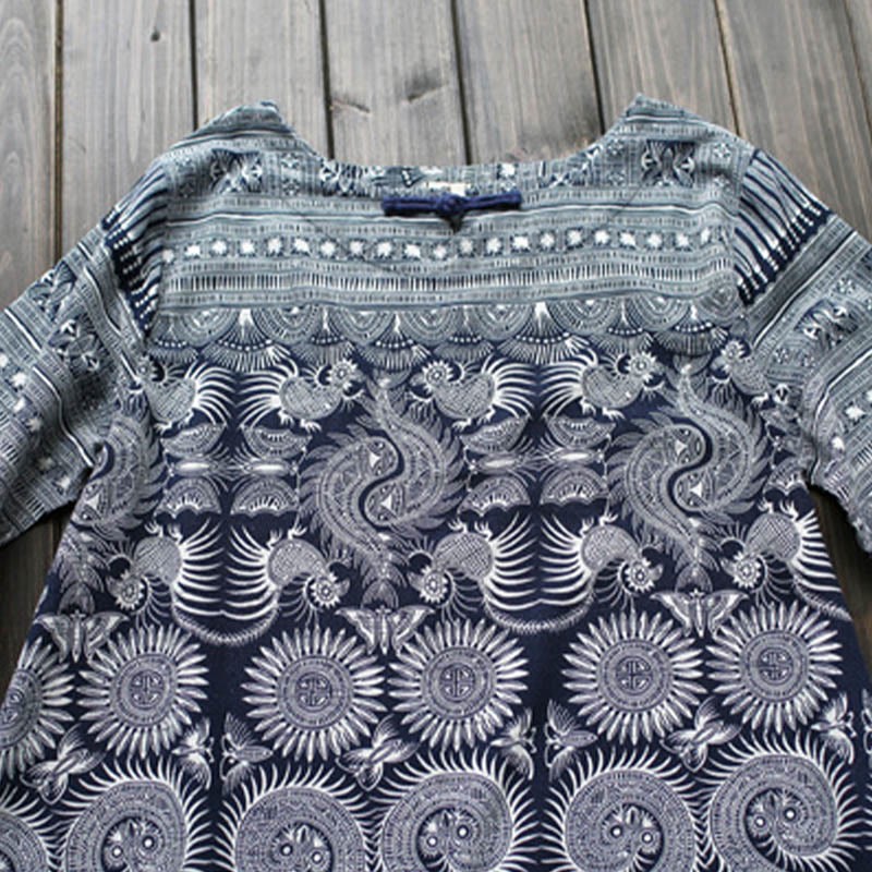 Blue White Flower Printed Button Midi Dress Three Quarter Sleeve Cotton Linen Dress With Pockets