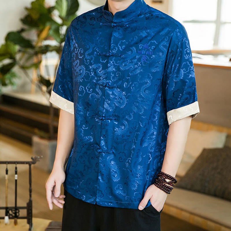 Chinese Tang Suit Frog-button Dragon Print Men's Half Sleeve Shirts