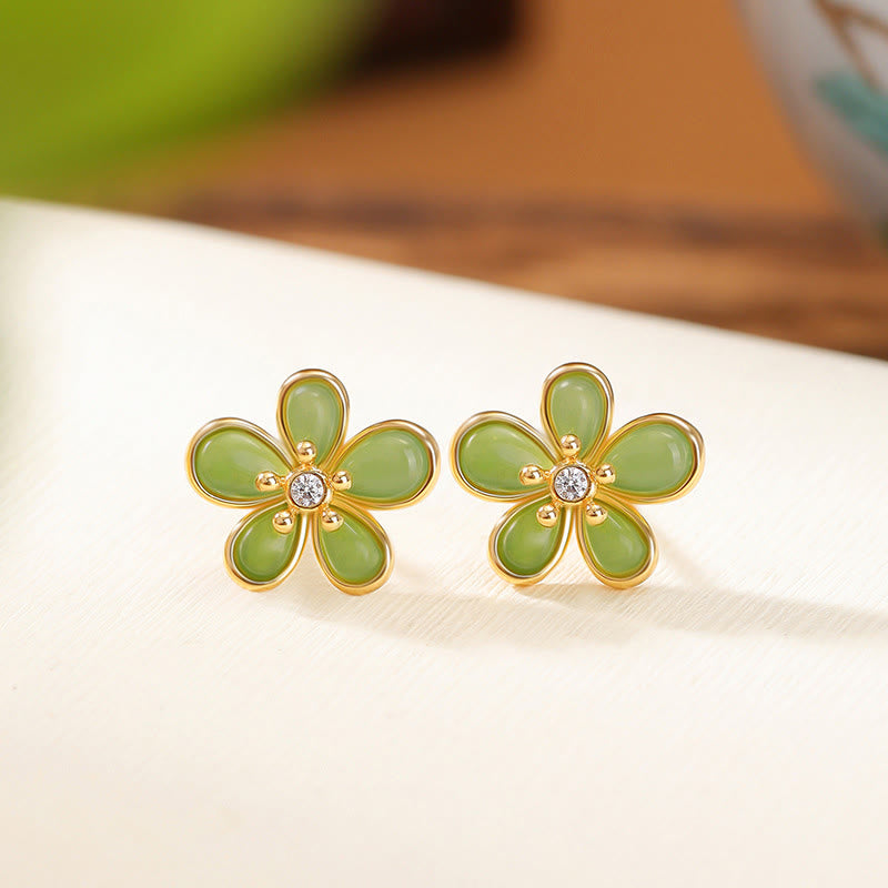 925 Sterling Silver Hetian Jade Flower Design Abundance Luck Earrings