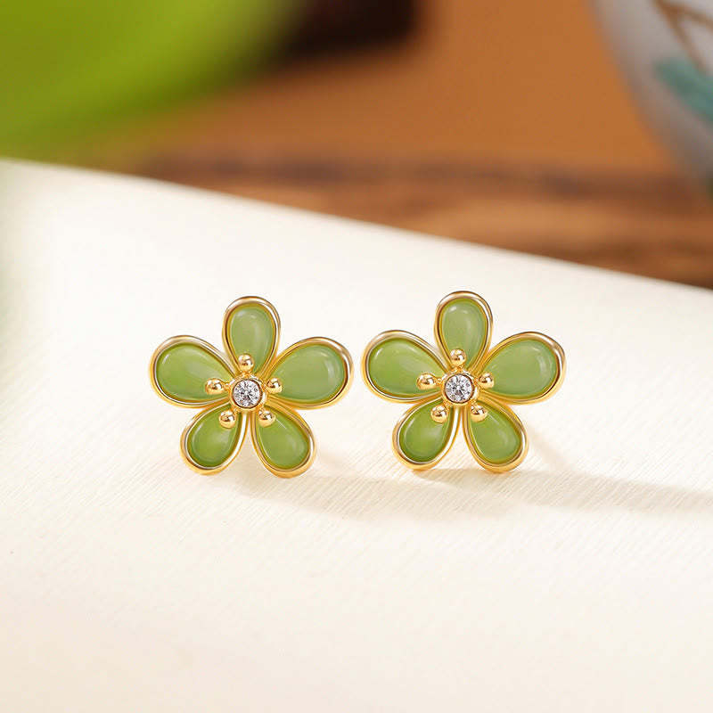 925 Sterling Silver Hetian Jade Flower Design Abundance Luck Earrings