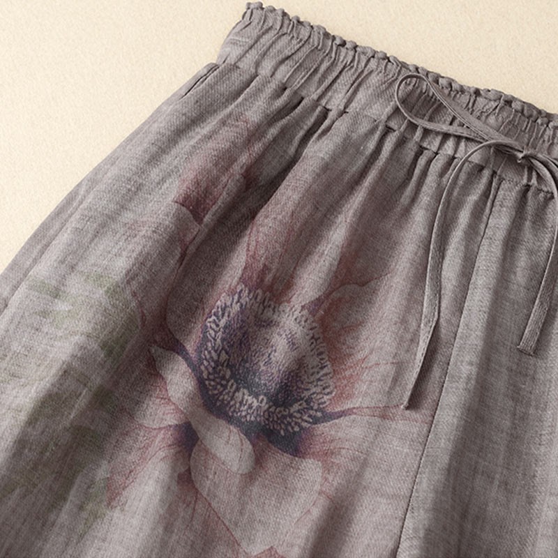 Floral Print High Waist Cotton Linen Drawstring Wide Leg Pants With Pockets