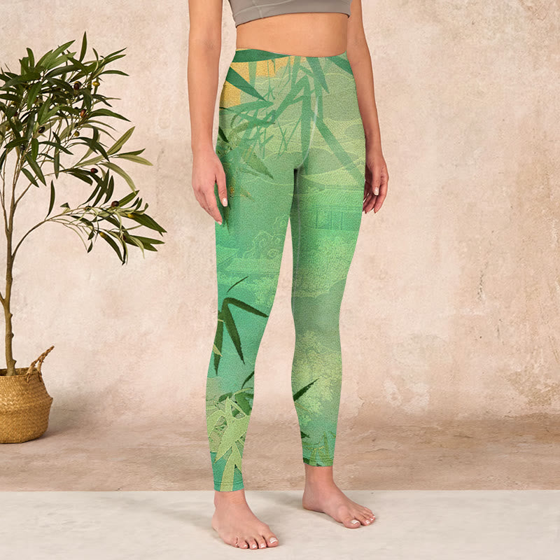 Green Bamboo Pavilion Print Gym Leggings Women's Yoga Pants