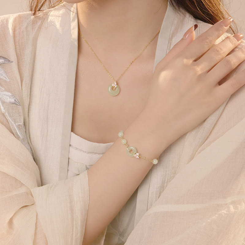 925 Sterling Silver Natural Hetian Jade Peace Buckle Orchid Luck Bracelet Necklace Pendant Set