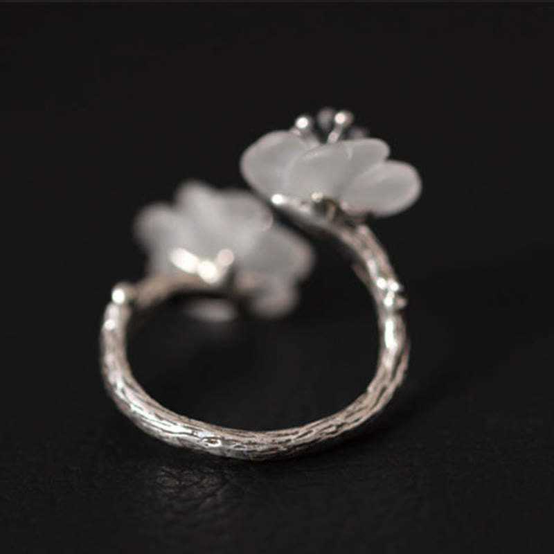 925 Sterling Silver White Crystal Double Plum Blossom Flower Adjustable Protection Ring