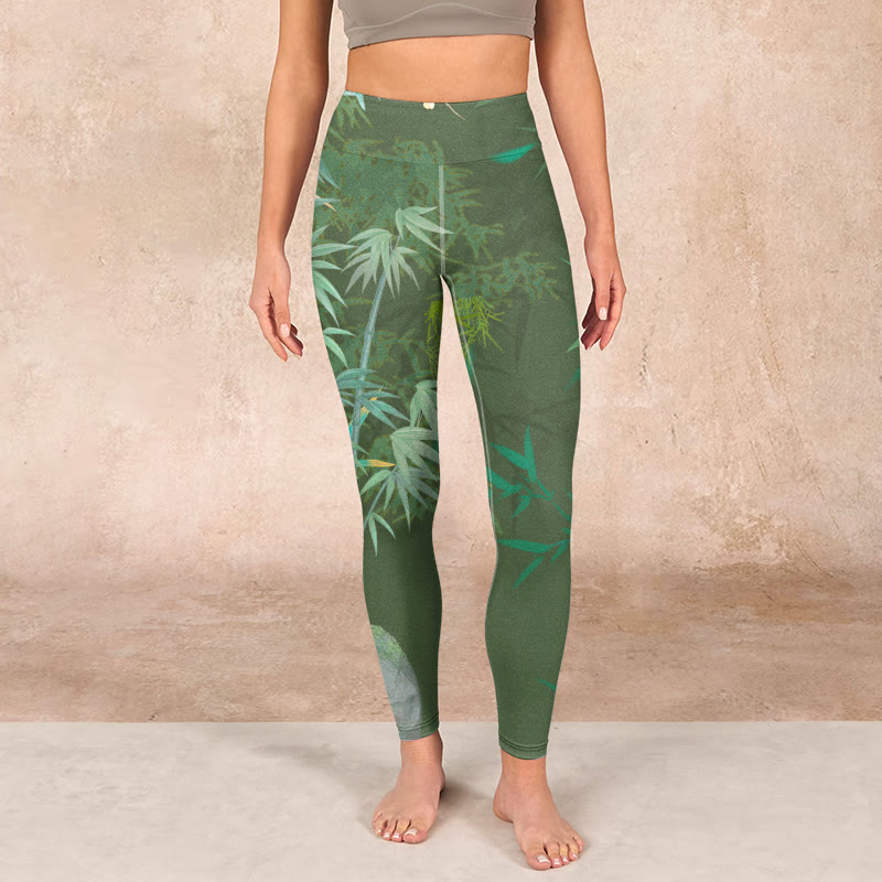 Green Bamboo Rock Flower Print Gym Leggings Women's Yoga Pants