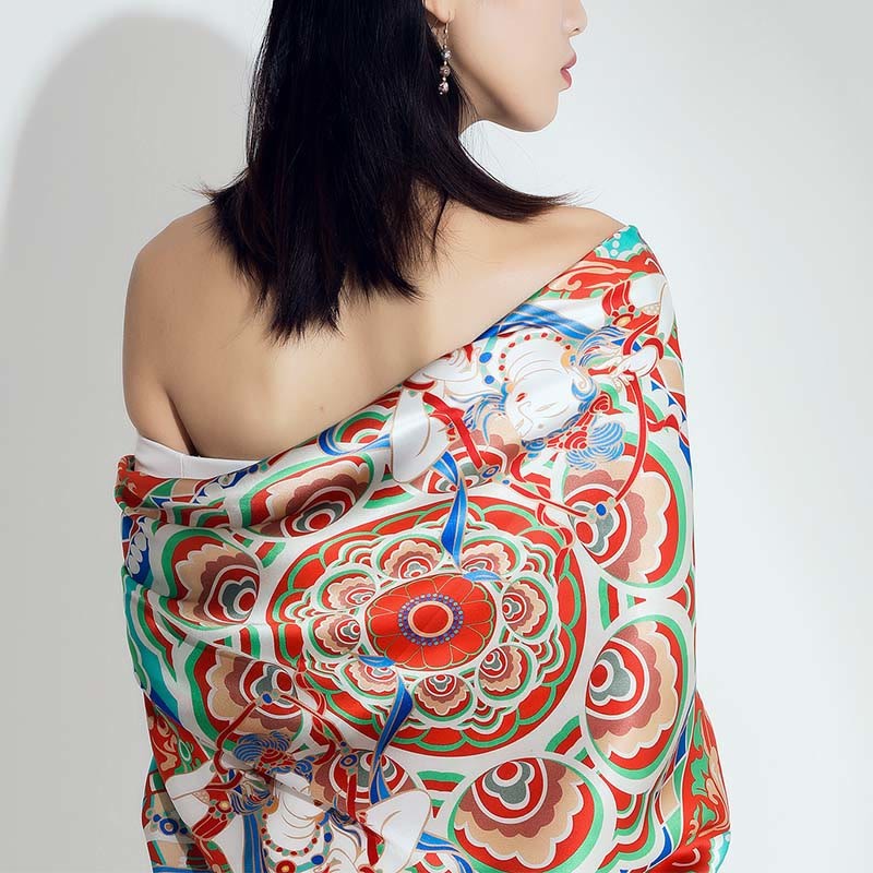 Dunhuang Musician Playing Frescoes 100% Mulberry Silk Scarf Premium Grade 6A Dunhuang Silk Shawl