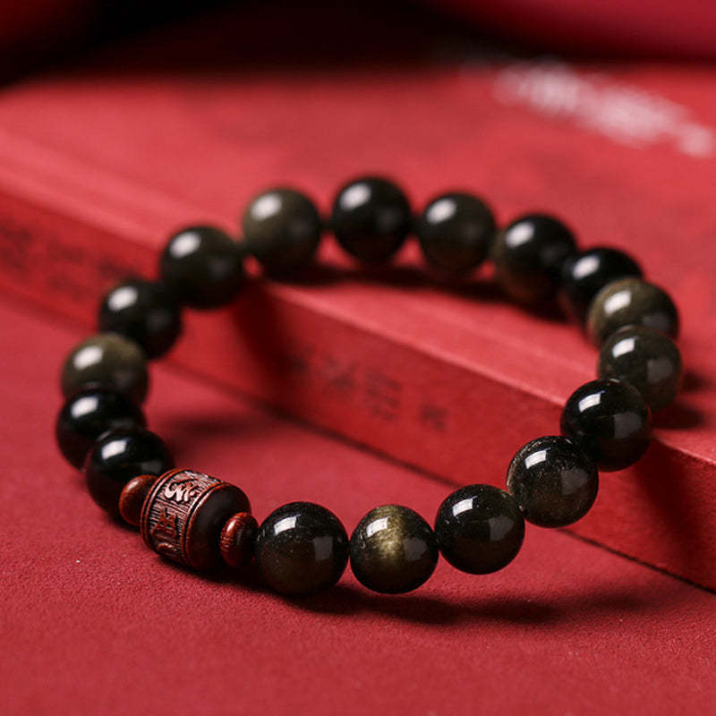 Natural Gold Sheen Obsidian Rainbow Obsidian Om Mani Padme Hum Fu Character Healing Bracelet