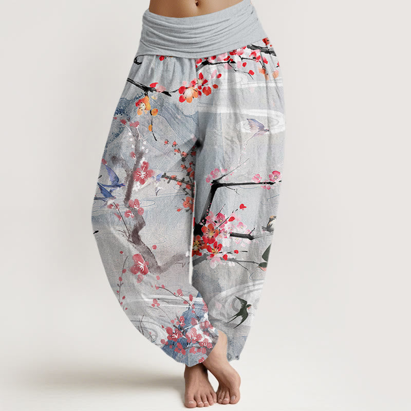 Casual Plum Blossom Bird Mountain Pattern Women's Elastic Waist Harem Pants