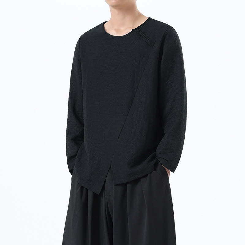 Men's Long Sleeve Round Collar Comfort Cotton Linen Shirt
