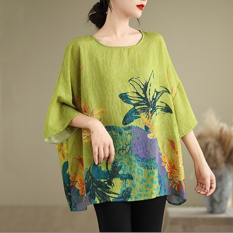 Yellow Green Flowers Three Quarter Sleeve Linen T-shirt Tee