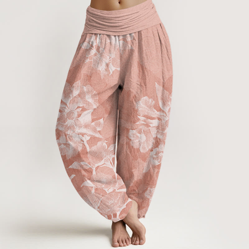 White Flowers Pattern Women's Elastic Waist Harem Pants