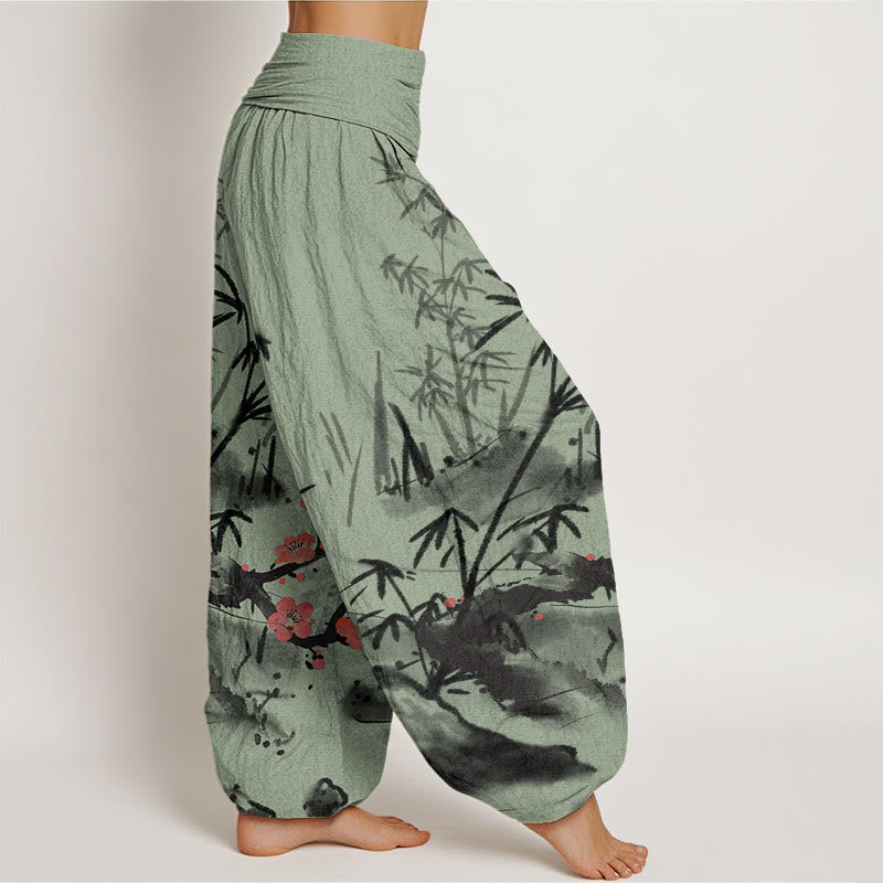 Plum Blossoms Bamboo Orchids Chrysanthemums Pattern Women's Elastic Waist Harem Pants
