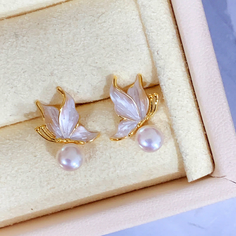 925 Sterling Silver Posts Copper Plated Gold Natural Pearl Bead Butterfly Wisdom Stud Earrings