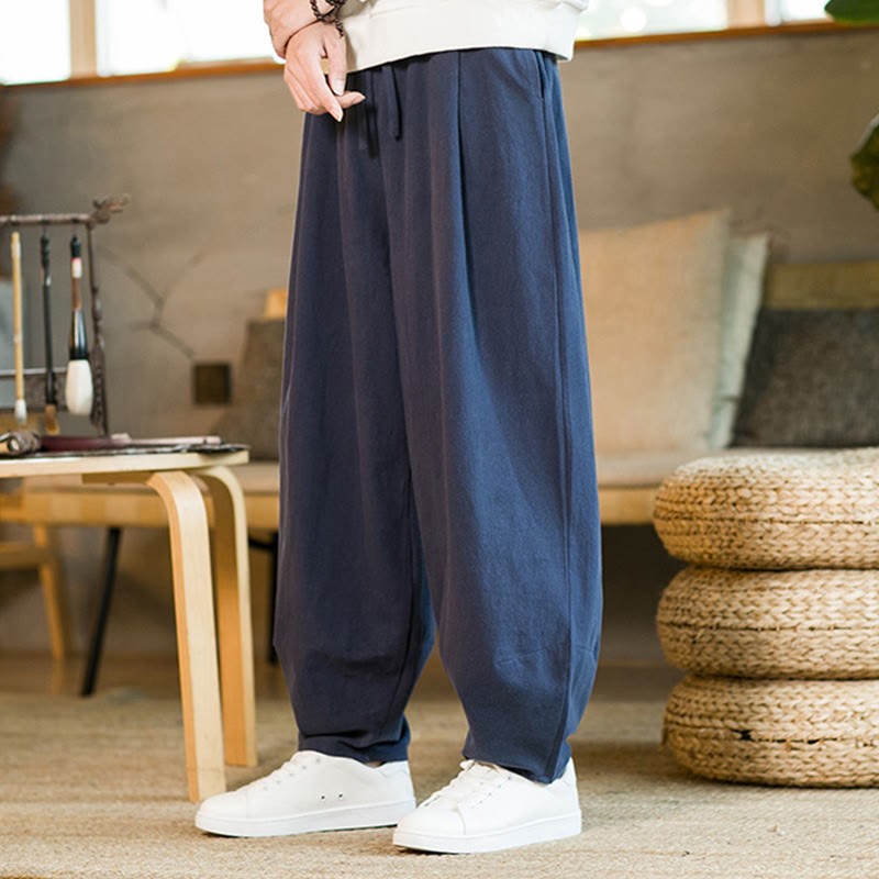 Solid Color Cotton Linen Drawstring Men's Harem Pants With Pockets