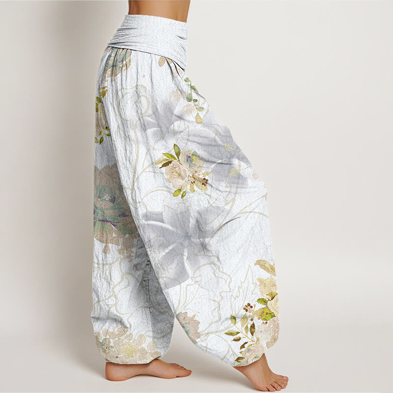 Various Flowers Leaves Pattern Women's Elastic Waist Harem Pants