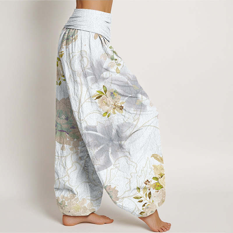 Various Flowers Leaves Pattern Women's Elastic Waist Harem Pants
