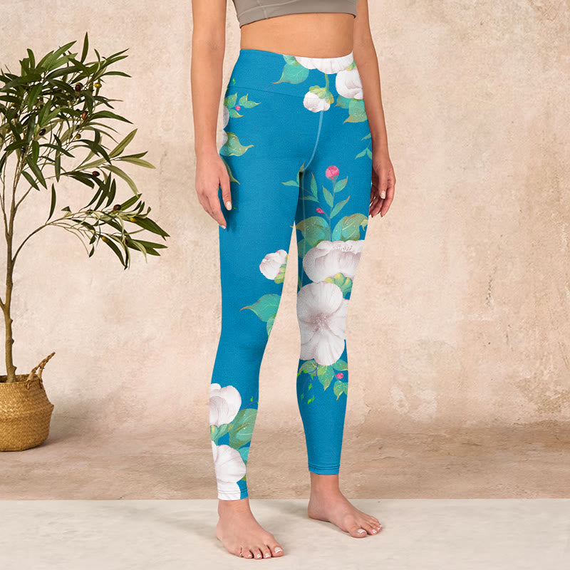 Blue White Flowers Leaves Print Sports Leggings Women's Yoga Pants
