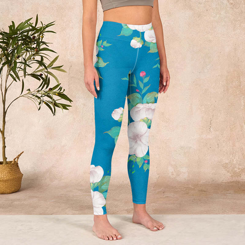 Blue White Flowers Leaves Print Sports Leggings Women's Yoga Pants