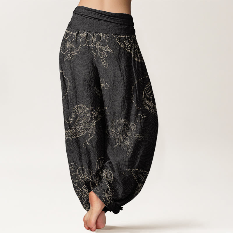 Koi Fish Floral Pattern Women's Elastic Waist Harem Pants