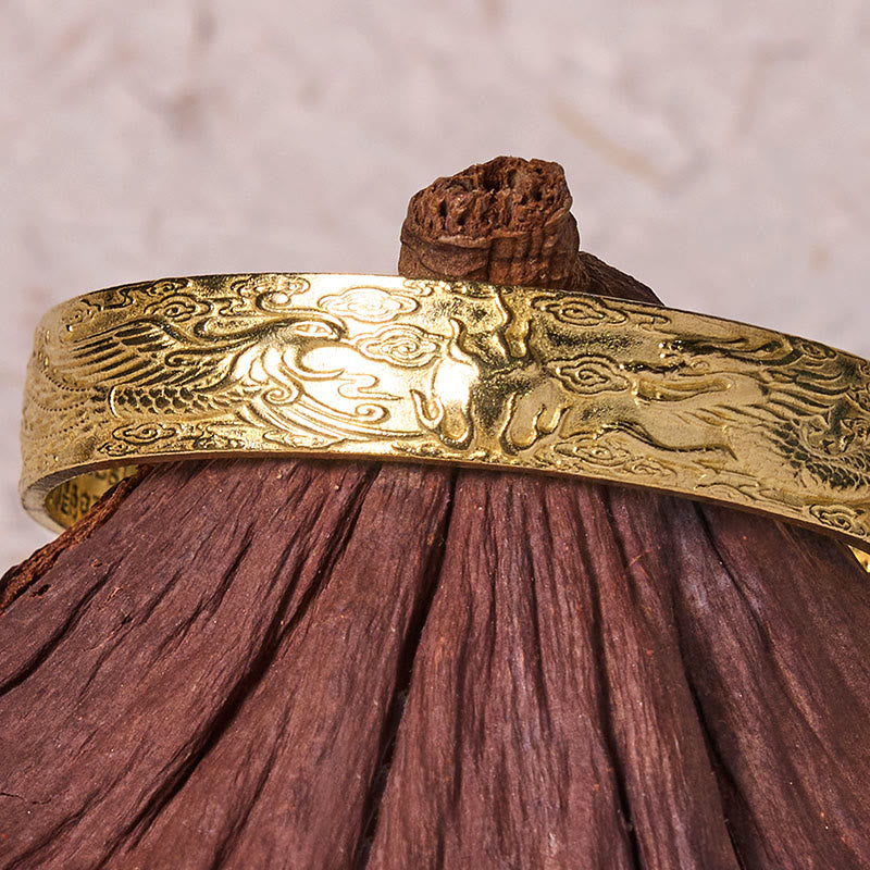 Dragon And Phoenix Playing With A Pearl Heart Sutra Carved Copper Brass Luck Bracelet Bangle