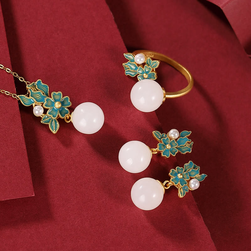 White Jade 925 Sterling Silver Pearl Flower Blessing Necklace Pendant Ring Earrings