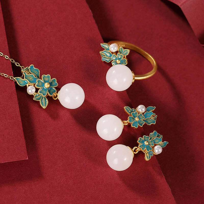 White Jade 925 Sterling Silver Pearl Flower Blessing Necklace Pendant Ring Earrings