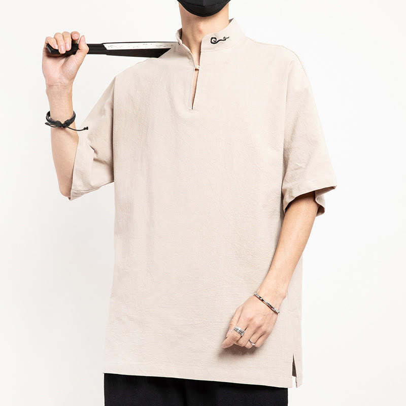 Chinese Tang Suit Embroidery Half Sleeve Shirt Linen Men Clothing