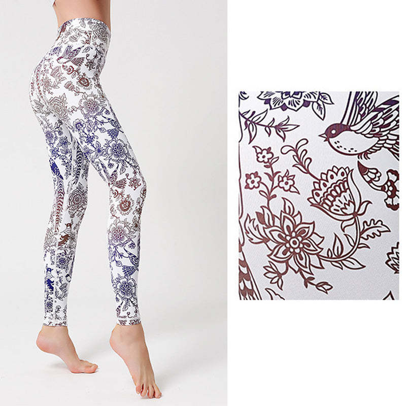Flowers Leaves Birds Print Pants Sports Fitness Yoga Leggings Women's Yoga Pants