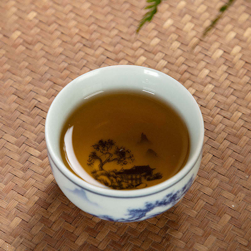 Blue Landscape Mountains Lotus Cute Cat Pavilions Magnolia Reed Egrets Ceramic Teacup Small Kung Fu Tea Cup