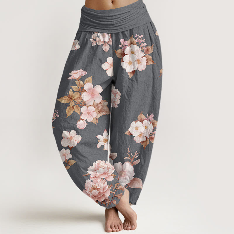 Peony White Flowers Pattern Design Women's Elastic Waist Harem Pants