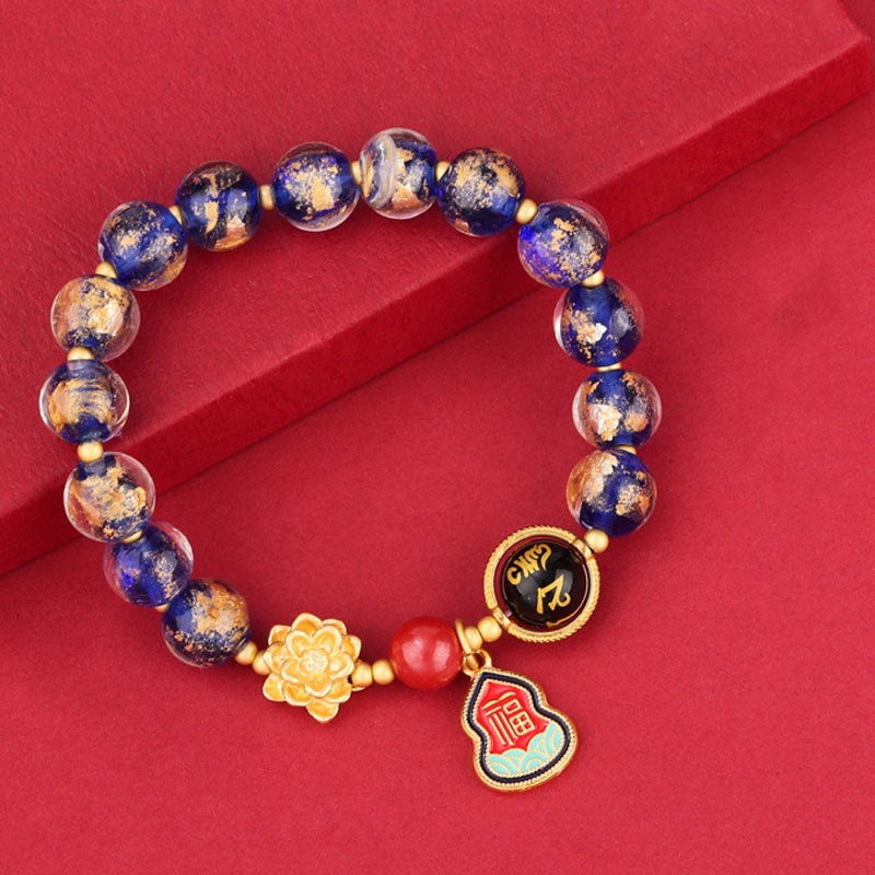 Tibet Om Mani Padme Hum Fu Character Gourd Charm Lotus Liuli Glass Bead Luck Bracelet