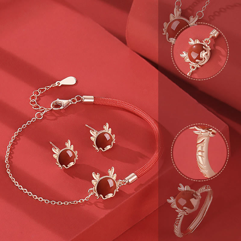 ???A Flash Sale-  925 Sterling Silver Year of the Dragon Cinnabar Red Agate Dragon Protection Bracelet Necklace Pendant Earrings Ring
