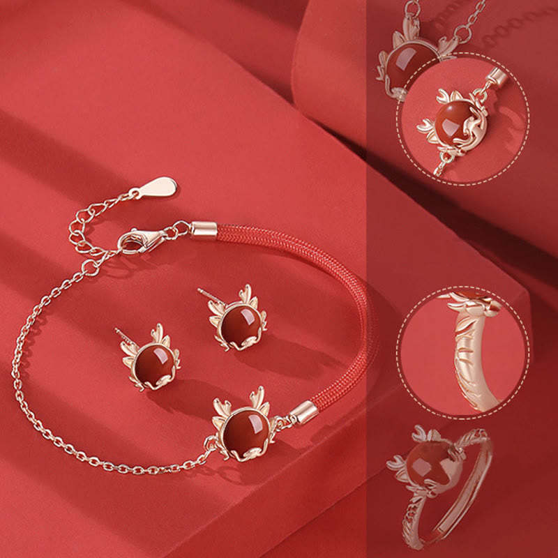???A Flash Sale-  925 Sterling Silver Year of the Dragon Cinnabar Red Agate Dragon Protection Bracelet Necklace Pendant Earrings Ring