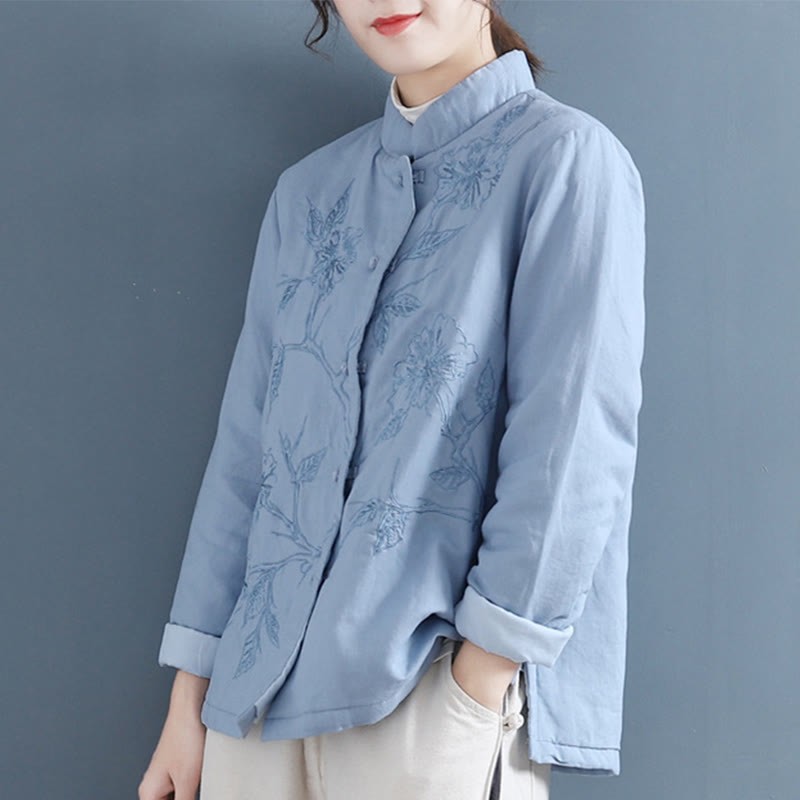 Retro Flower Design Thermal Long Sleeve Cotton Linen Women's Shirt