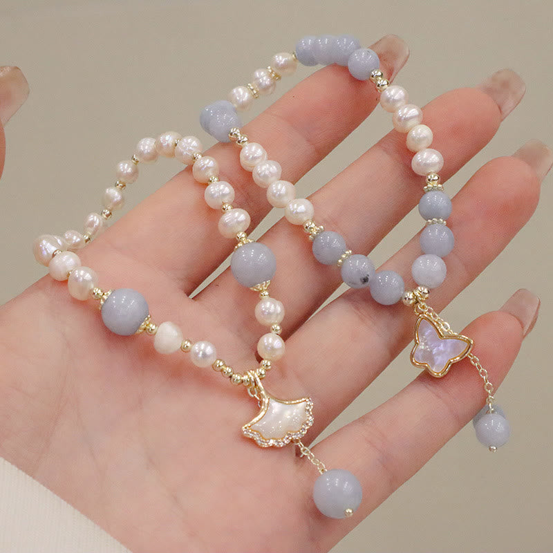 Natural Aquamarine Pearl Healing Ginkgo Leaf Butterfly Charm Bracelet