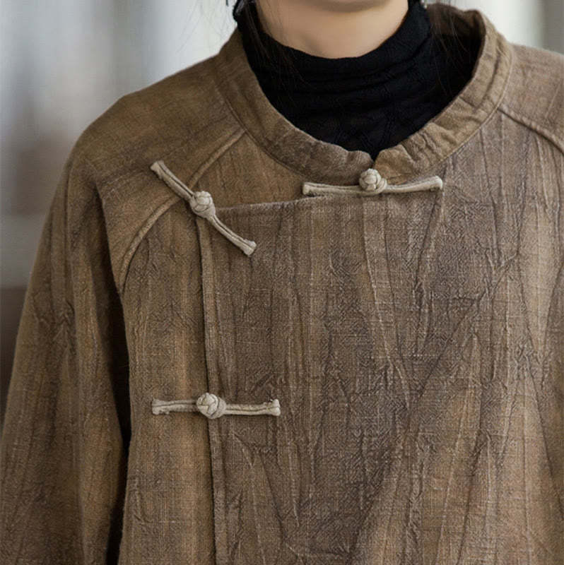 Solid Color Frog-button Thermal Long Sleeve Ramie Linen Women's Shirt