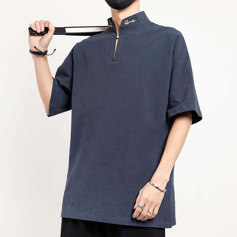 Chinese Tang Suit Embroidery Half Sleeve Shirt Linen Men Clothing