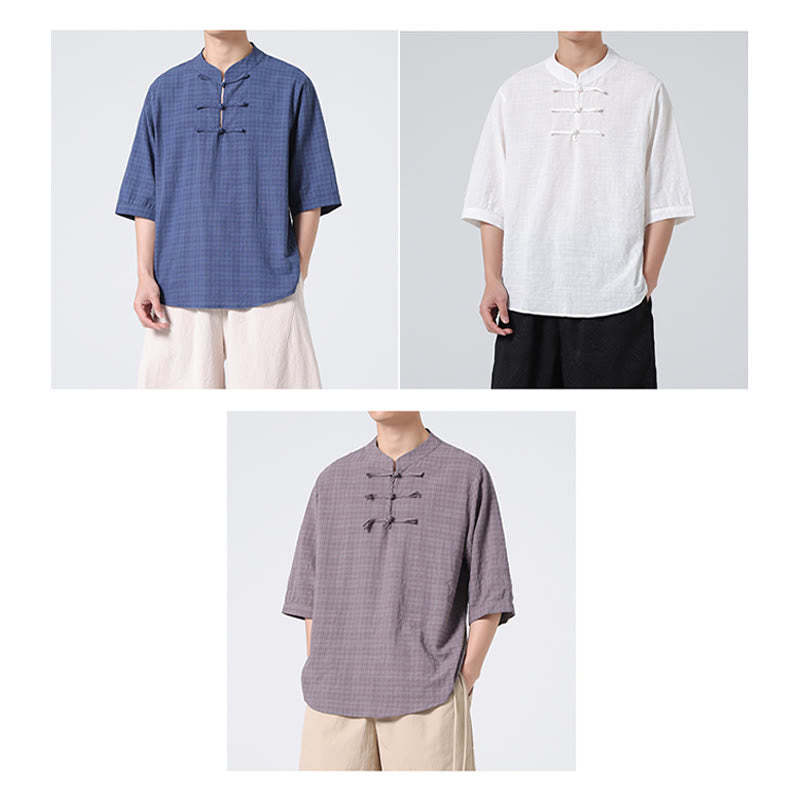 Frog-Button Plaid Pattern Chinese Tang Suit Half Sleeve Shirt Cotton Linen Men Clothing