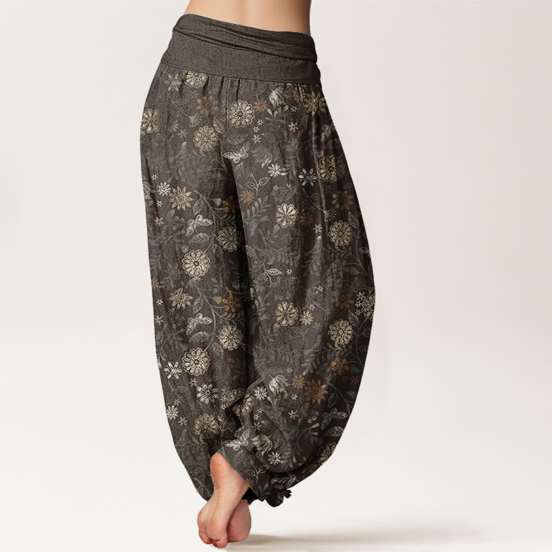 Casual New York Aster Flowers Leaves Design Women's Elastic Waist Harem Pants