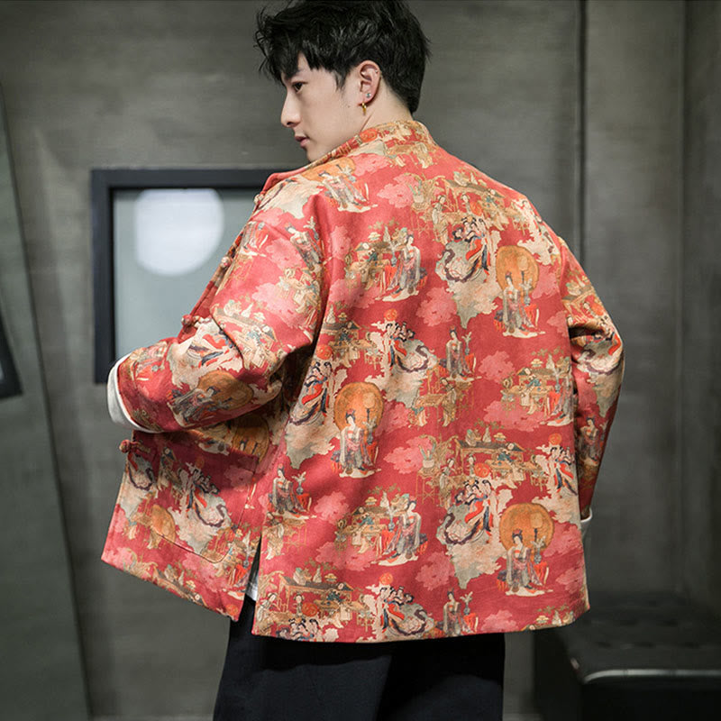 Chinese New Year Clothes Ancient Figure Painting Solid Color Cuff Frog-button Tang Suit Cotton Men's Jacket Shirt With Pockets