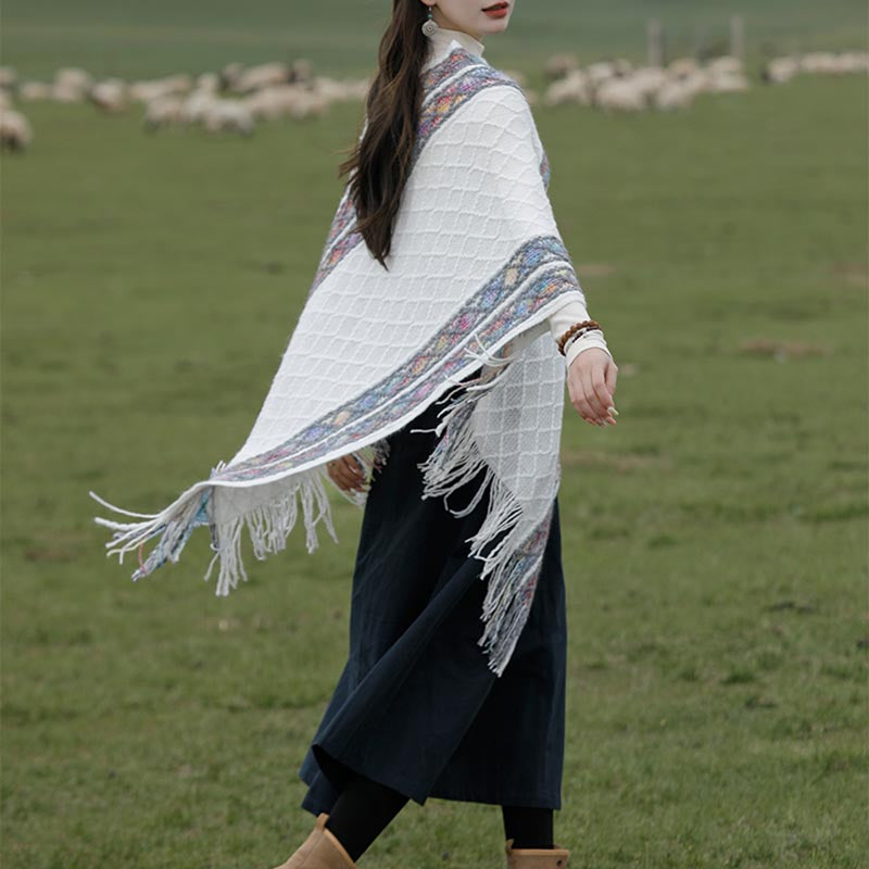 Tibetan Colorful Striped Rhombus Pattern Shawl Tassels Pullover Winter Cozy Travel Scarf Wrap