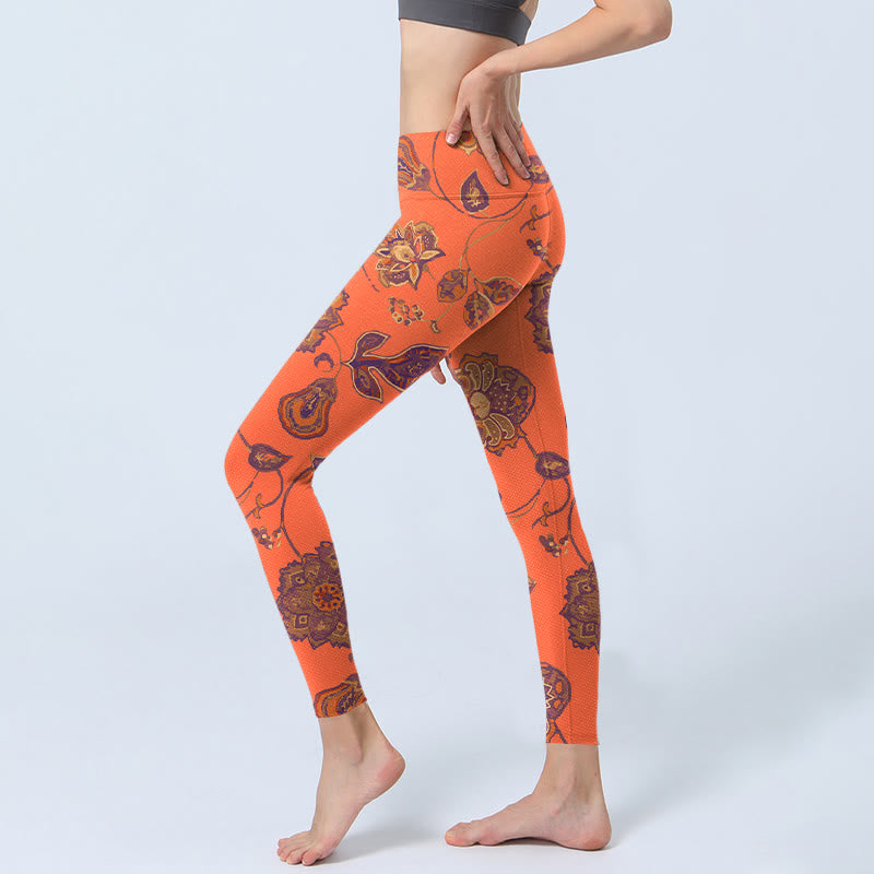 Orange Maple Leaves Flowers Print Gym Leggings Women's Yoga Pants