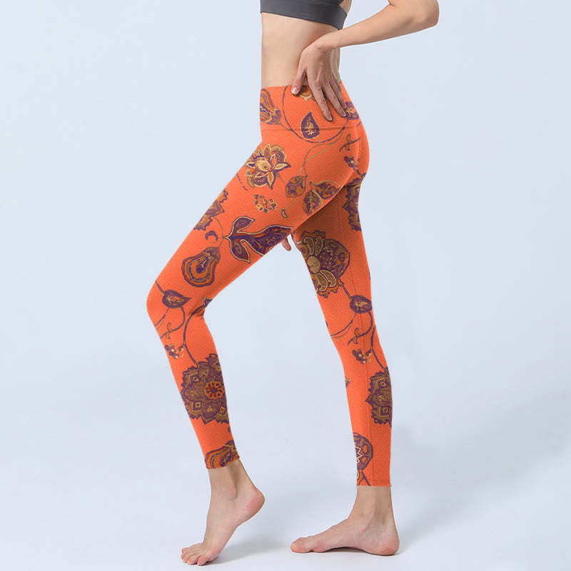 Orange Maple Leaves Flowers Print Gym Leggings Women's Yoga Pants