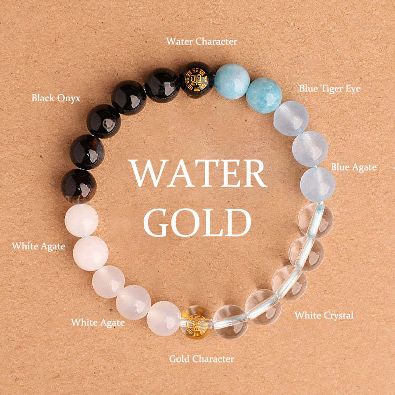 Five Elements Various Agate Crystal Black Onyx Green Chalcedony Aquamarine Wisdom Bracelet